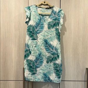 TAHARI | Linen Tropical Flutter Sleeve Shift Dress | Blue & White | Small